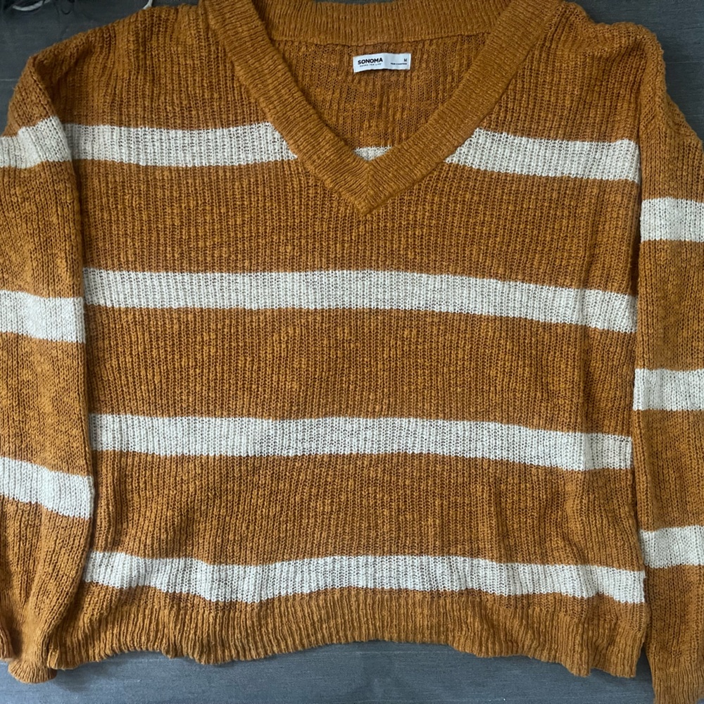 Mustard and Cream Striped V-Neck Sweater